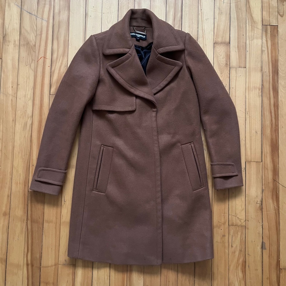 KARL LAGERFELD Paris Women Brown Wool Blend Coat XS Double Breasted Trench Style